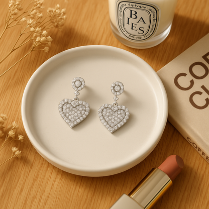 925 Silver Heart Zircon Drop Earrings – Elegant Sparkle for Women