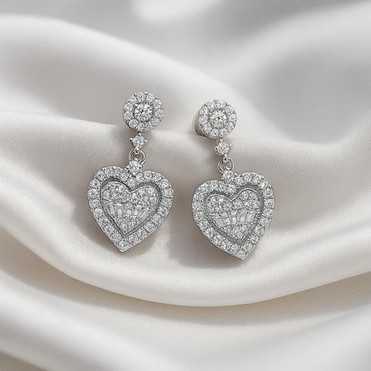 925 Silver Heart Zircon Drop Earrings – Elegant Sparkle for Women