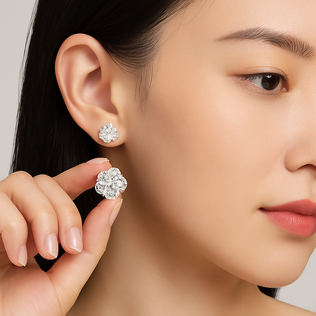 CAEVIN Moissanite Flower Studs – 7CT 5mm – White Gold – Bridal Cluster Earrings