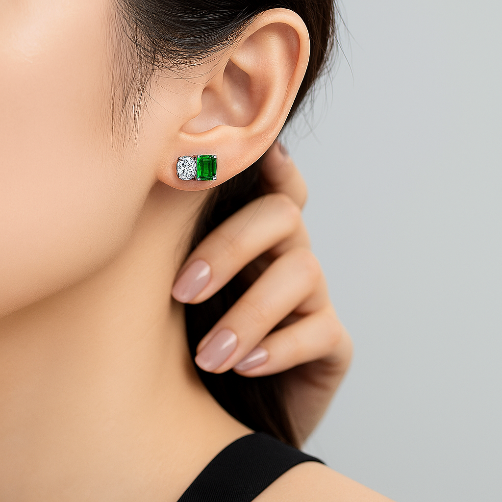 Vinregem Sapphire & Emerald Studs – White Gold – Party Jewelry