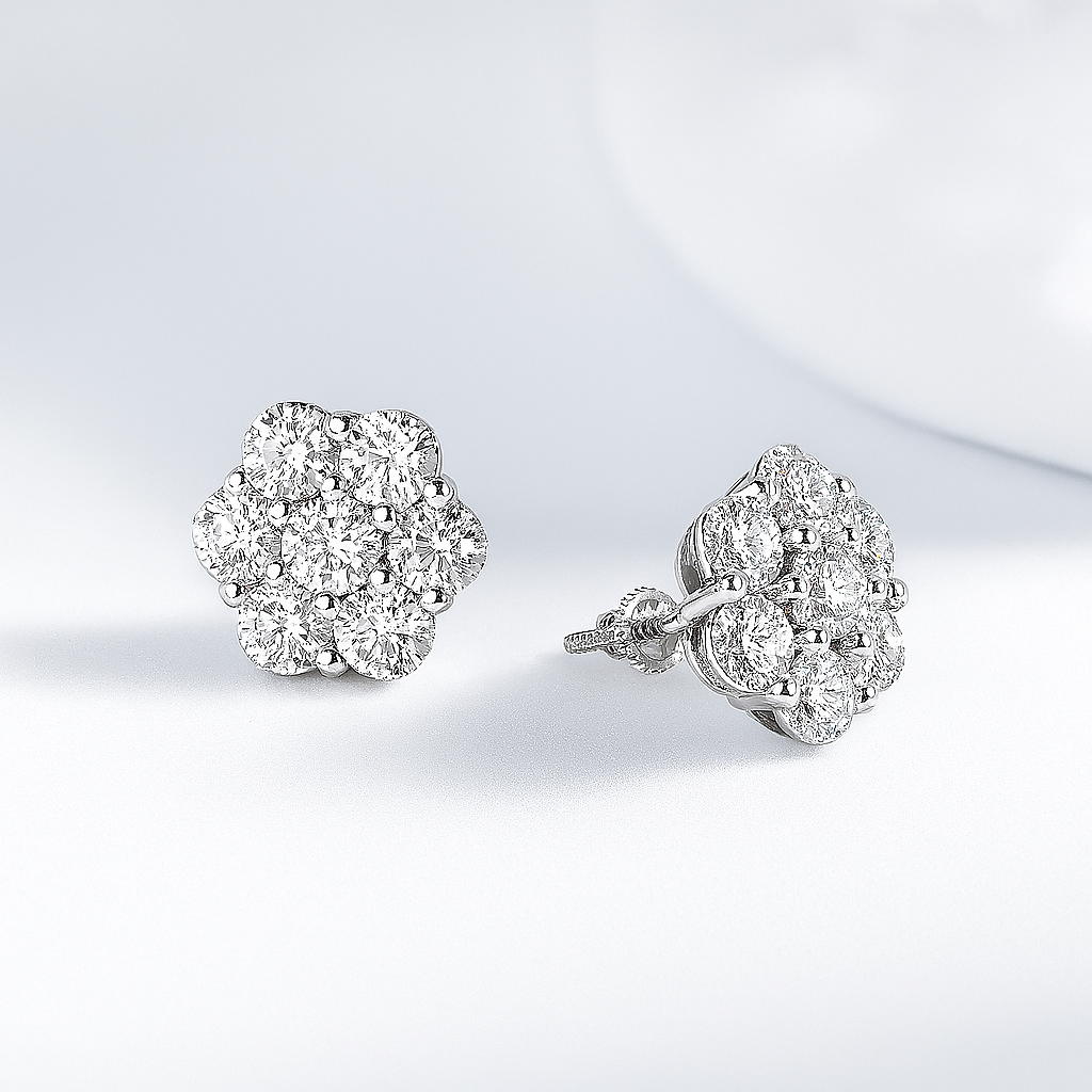 CAEVIN Moissanite Flower Studs – 7CT 5mm – White Gold – Bridal Cluster Earrings