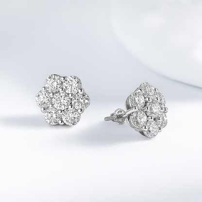 CAEVIN Moissanite Flower Studs – 7CT 5mm – White Gold – Bridal Cluster Earrings