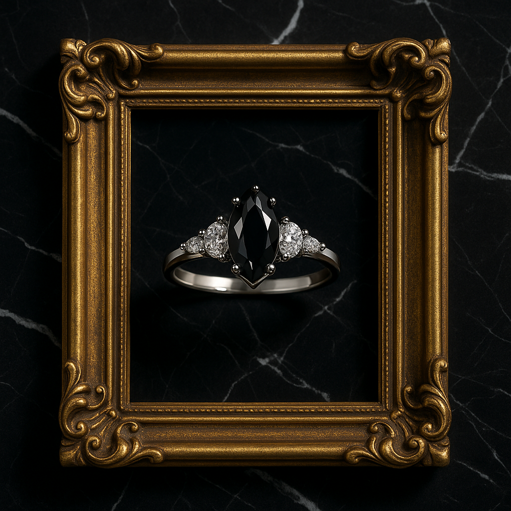 Elegant Black Agate Ring – Premium White Gold Finish, Classic Sparkle