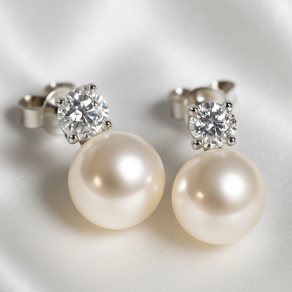 Pearl Drop Earrings – Moissanite Accent – FEOBUR – White Gold