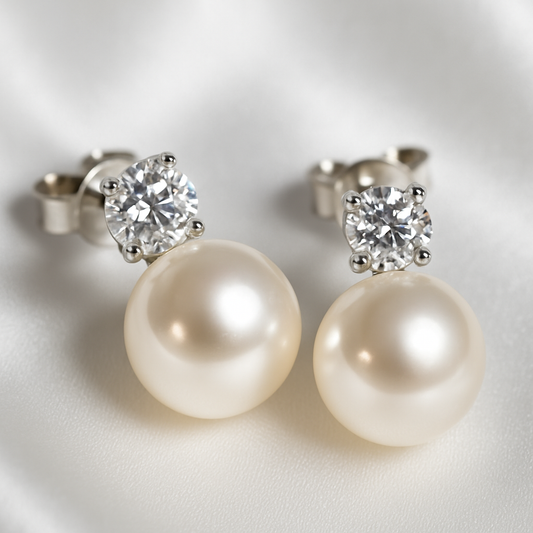 Pearl Drop Earrings – Moissanite Accent – FEOBUR – White Gold