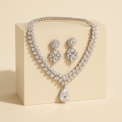 Premium White Gold Diamond-Inspired Jewelry Set – Necklace & Earrings