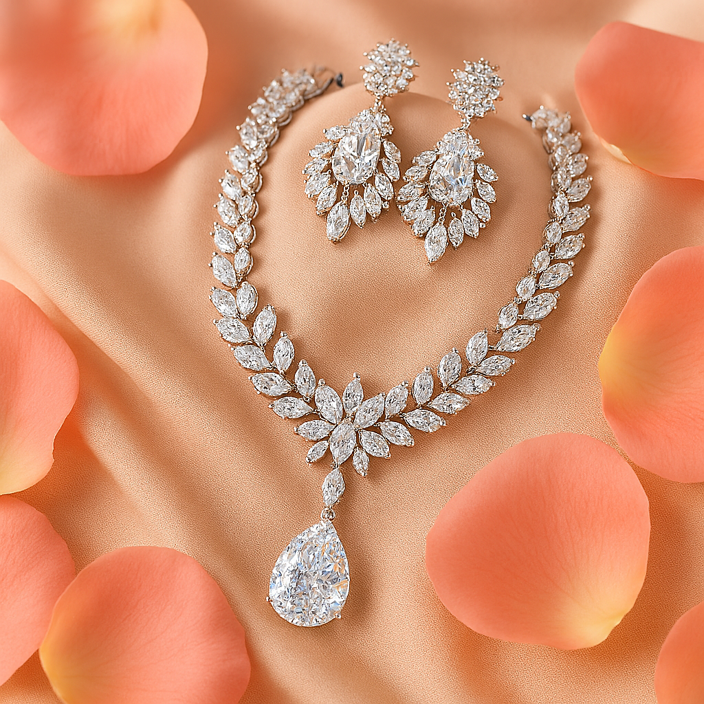 Premium White Gold Diamond-Inspired Jewelry Set – Necklace & Earrings
