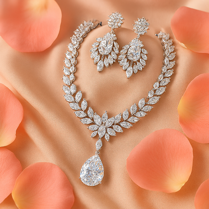 Premium White Gold Diamond-Inspired Jewelry Set – Necklace & Earrings