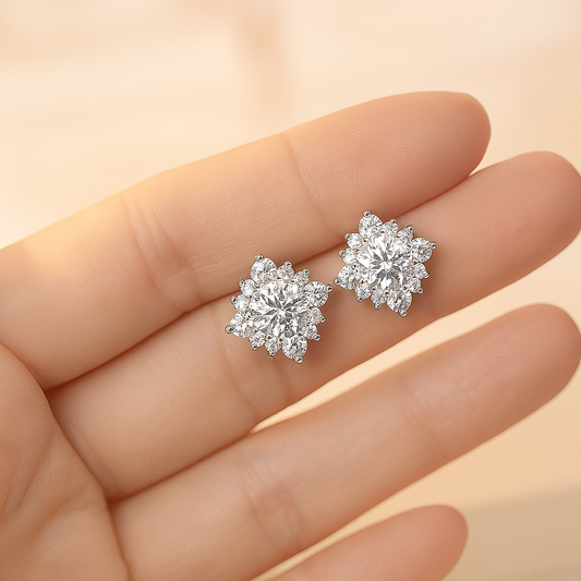 Snowflake Moissanite Studs – 18K White Gold – Pass Diamond Test