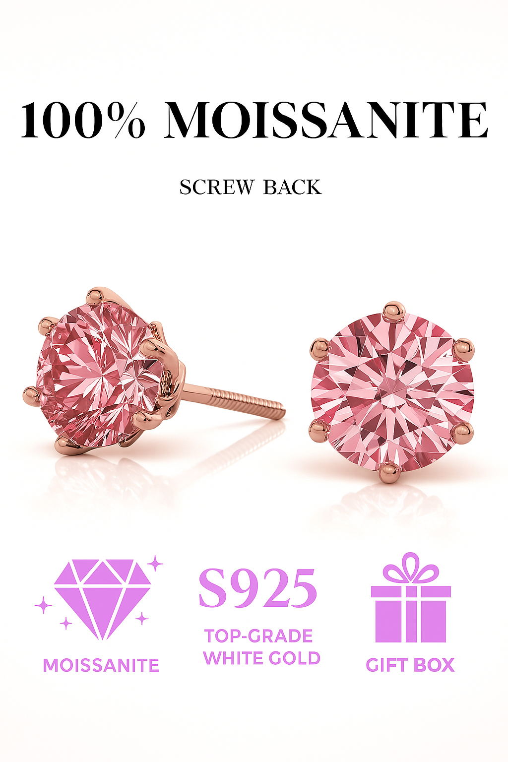 Elegant Pink Moissanite Studs – 6.5mm – Rose Gold Color for Women