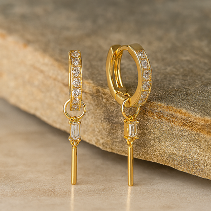 White Gold Hoop Earrings – Full Zircon – Rectangle Drop – Luxury Gift