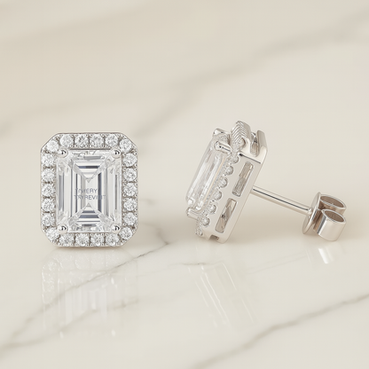 Moissanite Emerald Stud Earrings – Halo – 18K White Gold Plated