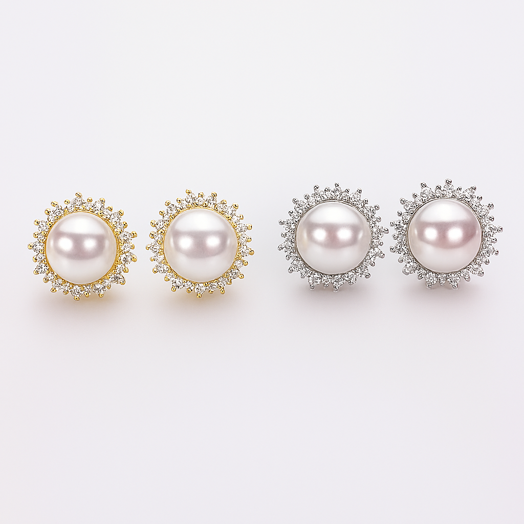 Sun Pearl Earrings – Natural 8–9mm – White Gold – Micro Inlaid