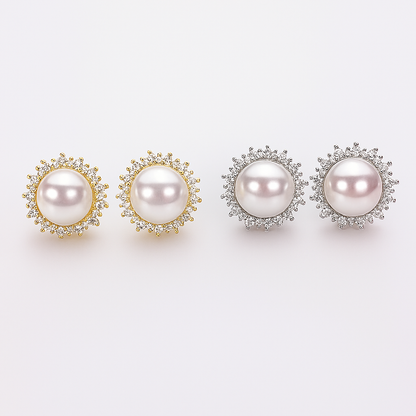 Sun Pearl Earrings – Natural 8–9mm – White Gold – Micro Inlaid