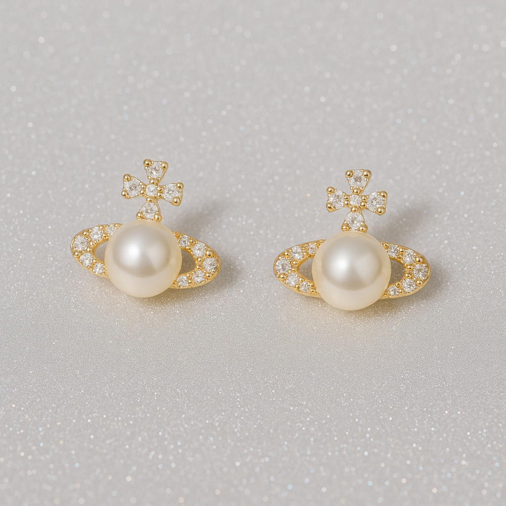 Saturn Pearl Stud Earrings – White Gold – Cute Zircon Design