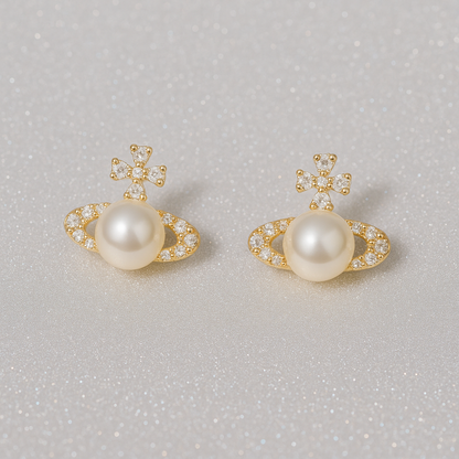 Saturn Pearl Stud Earrings – White Gold – Cute Zircon Design