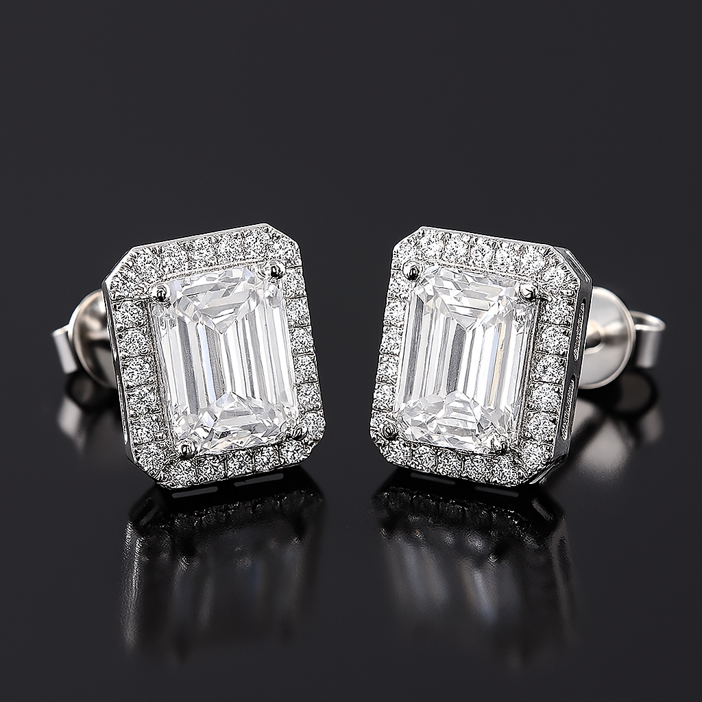 Moissanite Emerald Stud Earrings – Halo – 18K White Gold Plated