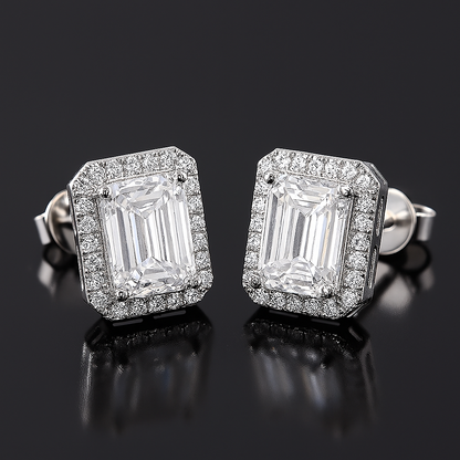Moissanite Emerald Stud Earrings – Halo – 18K White Gold Plated