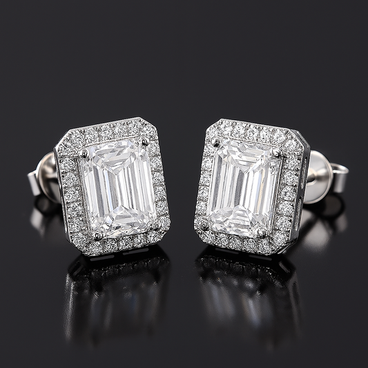 Moissanite Emerald Stud Earrings – Halo – 18K White Gold Plated