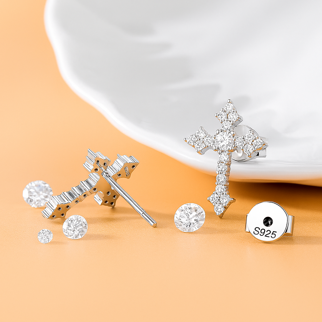 Cross Moissanite Studs – White Gold – Wedding & Party Jewelry