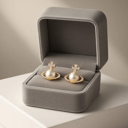 Saturn Pearl Stud Earrings – White Gold – Cute Zircon Design