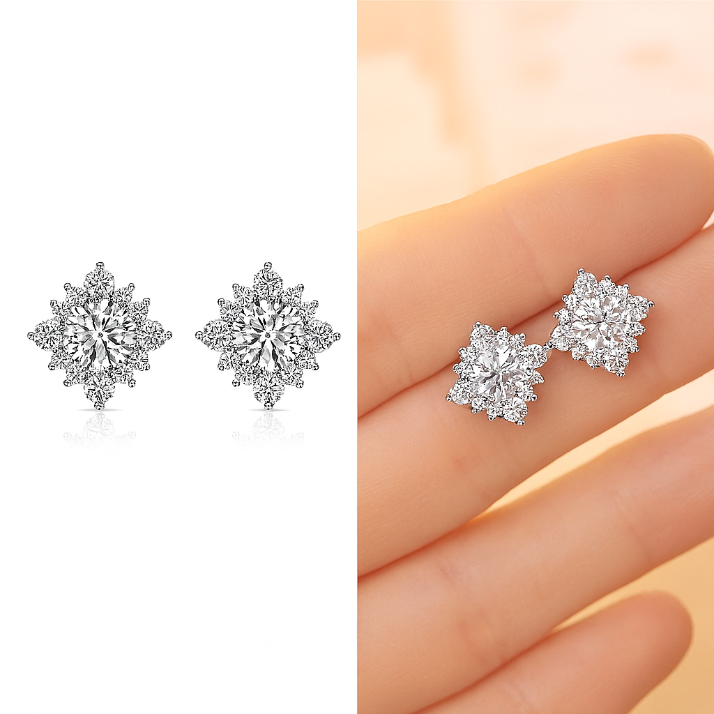 Snowflake Moissanite Studs – 18K White Gold – Pass Diamond Test