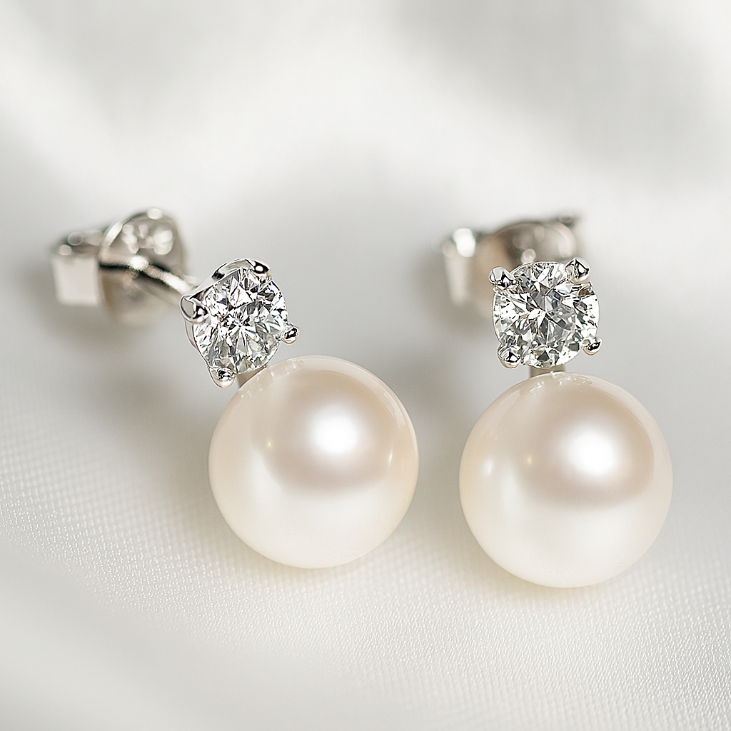 Pearl Drop Earrings – Moissanite Accent – FEOBUR – White Gold
