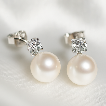 Pearl Drop Earrings – Moissanite Accent – FEOBUR – White Gold