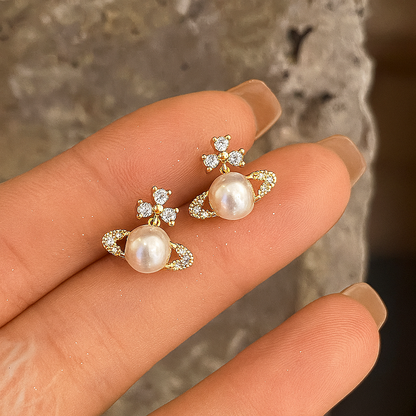 Saturn Pearl Stud Earrings – White Gold – Cute Zircon Design
