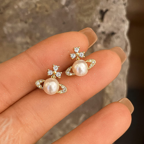 Saturn Pearl Stud Earrings – White Gold – Cute Zircon Design