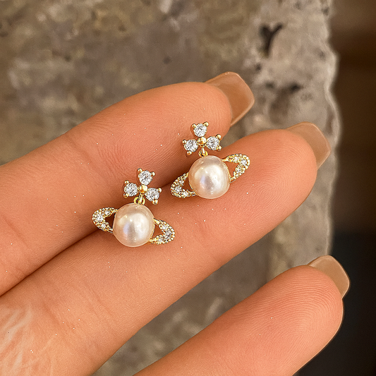 Saturn Pearl Stud Earrings – White Gold – Cute Zircon Design