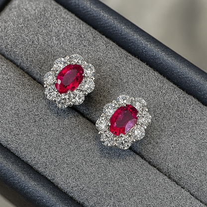 Ruby Flower Stud Earrings – White Gold – Luxury Wedding Jewelry