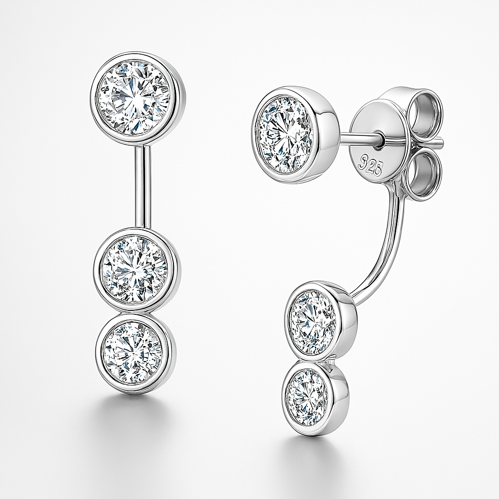 Moissanite Ear Jacket Studs – 5/4/3.5mm – White Gold – 2024 Design