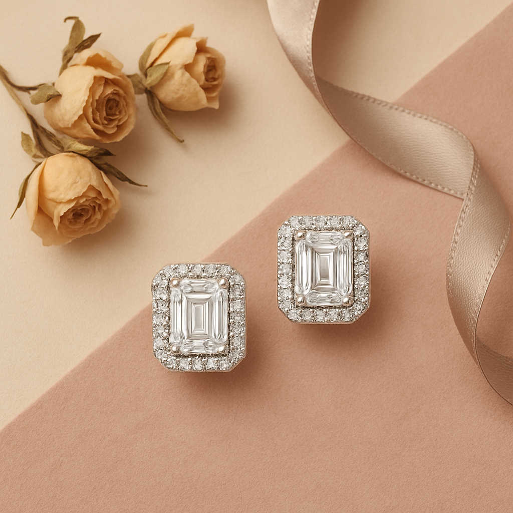 Moissanite Emerald Stud Earrings – Halo – 18K White Gold Plated