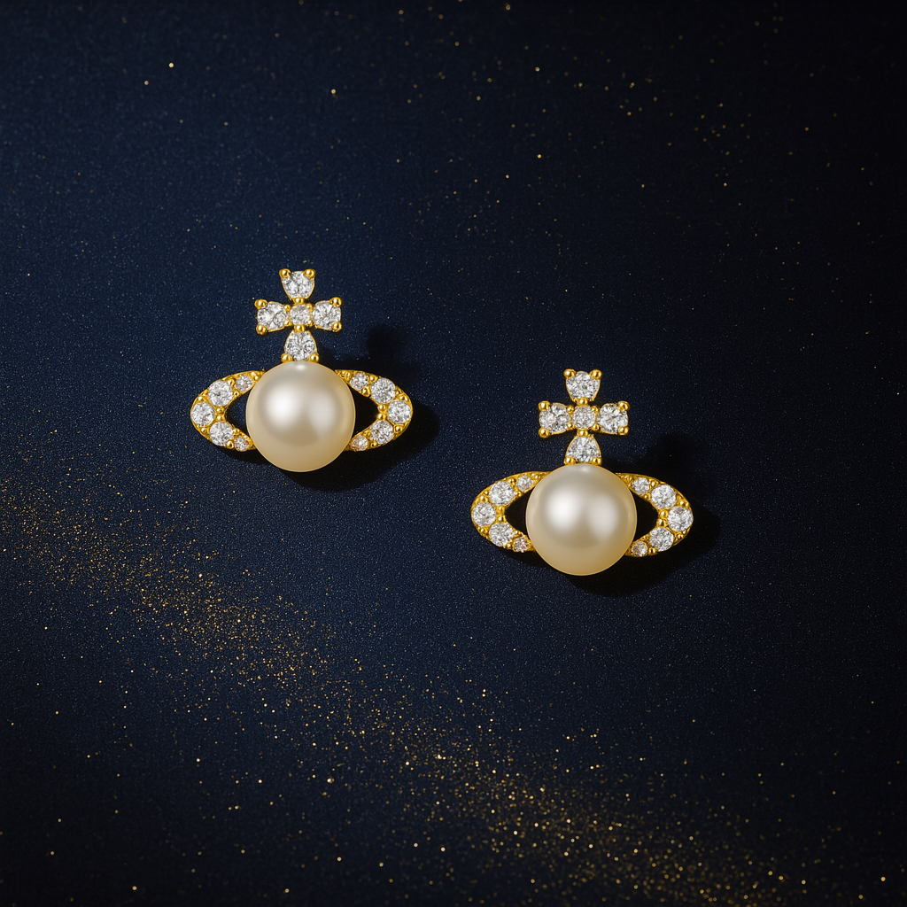 Saturn Pearl Stud Earrings – White Gold – Cute Zircon Design