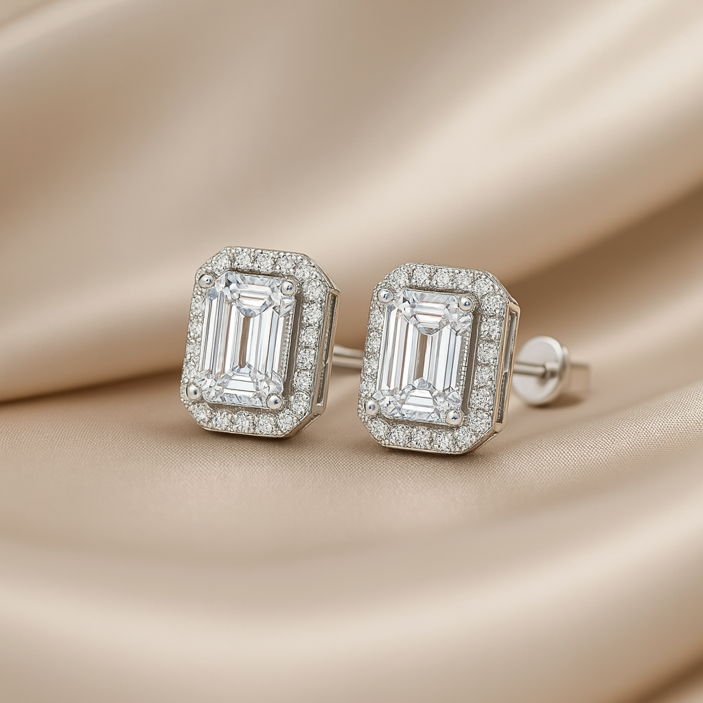 Moissanite Emerald Stud Earrings – Halo – 18K White Gold Plated