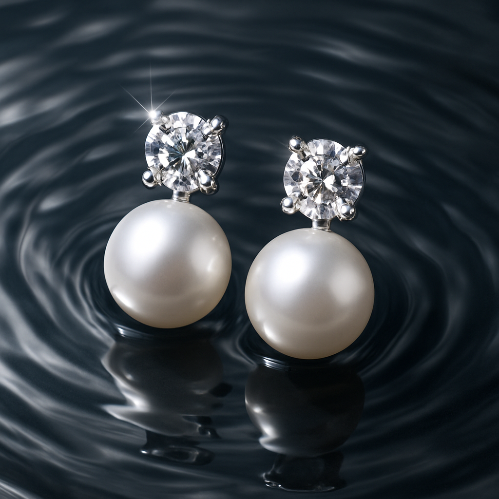 Pearl Drop Earrings – Moissanite Accent – FEOBUR – White Gold