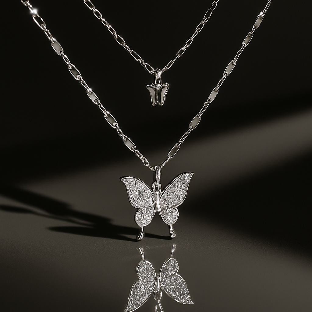 Premium White Gold Double Butterfly Necklace – Elegant & Graceful