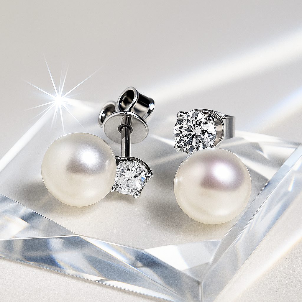 Pearl Drop Earrings – Moissanite Accent – FEOBUR – White Gold