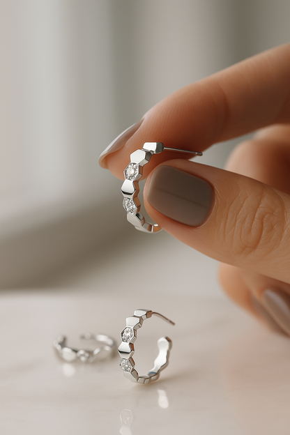 AnuJewel Honeycomb Huggies – D Color Moissanite – White Gold