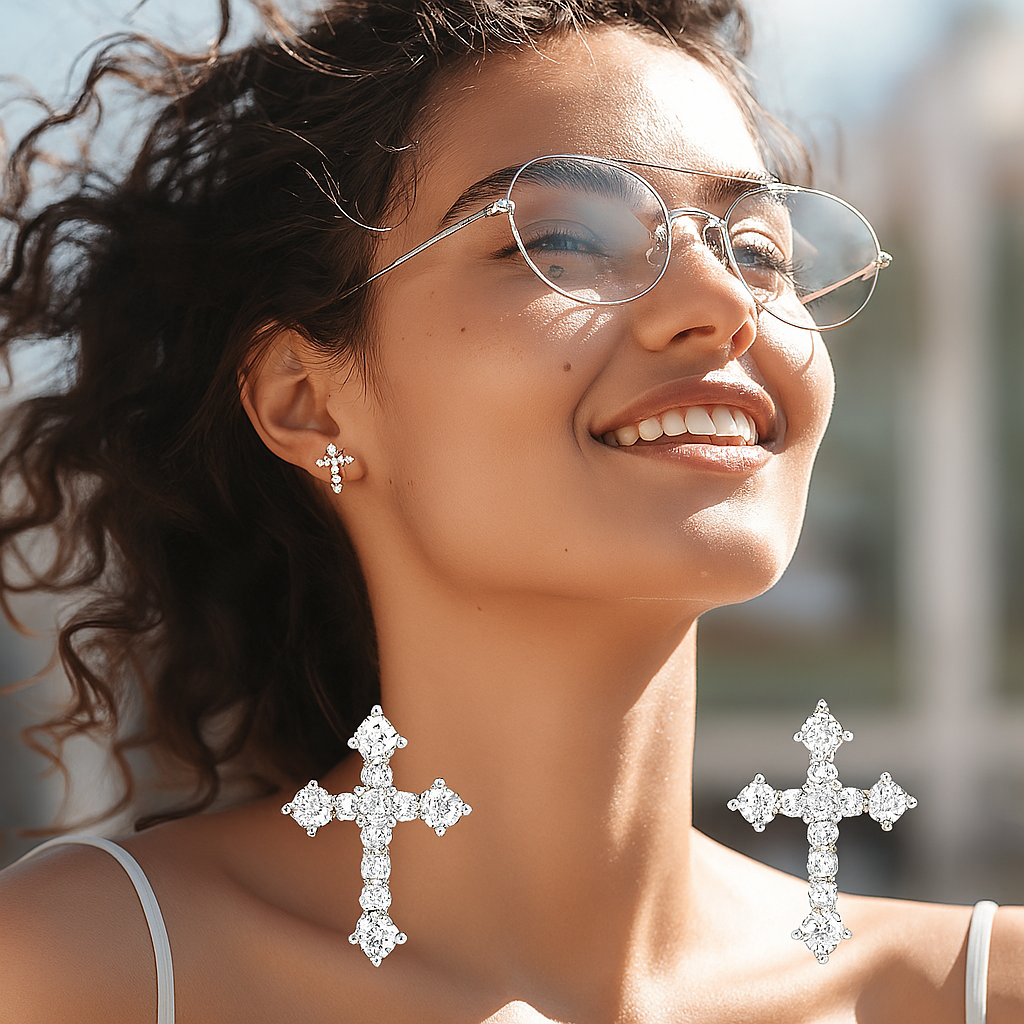 Cross Moissanite Studs – White Gold – Wedding & Party Jewelry