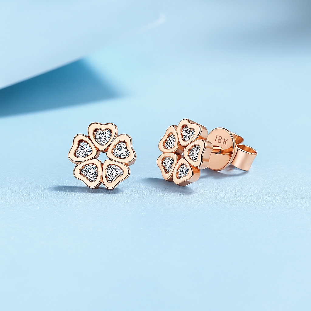 Moissanite Flower Studs – 0.25CT – 18K Rose Gold – Bridal Gift