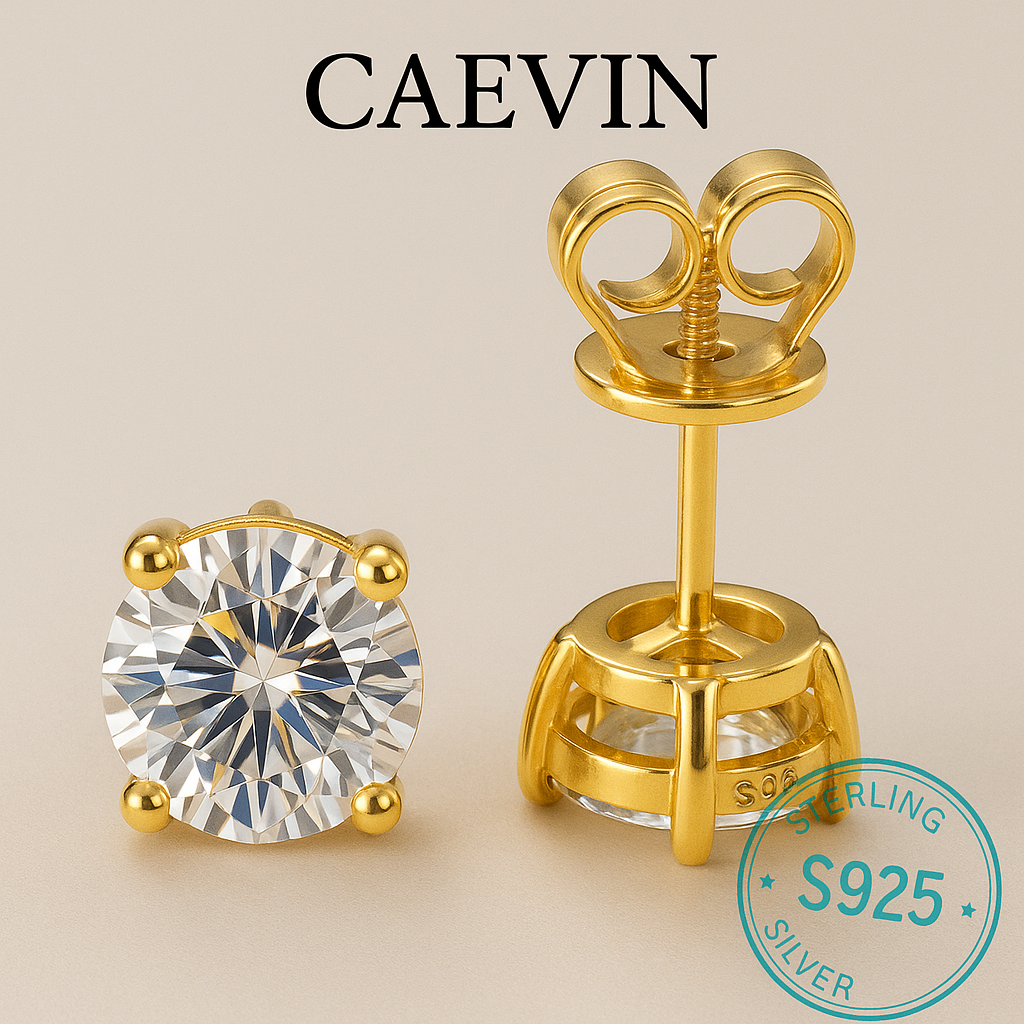 Elegant Moissanite Ear Studs – D Color, Gold-Plated