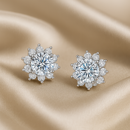DiamondWorld Moissanite 0.5CT Studs – Sunflower Halo – White Gold