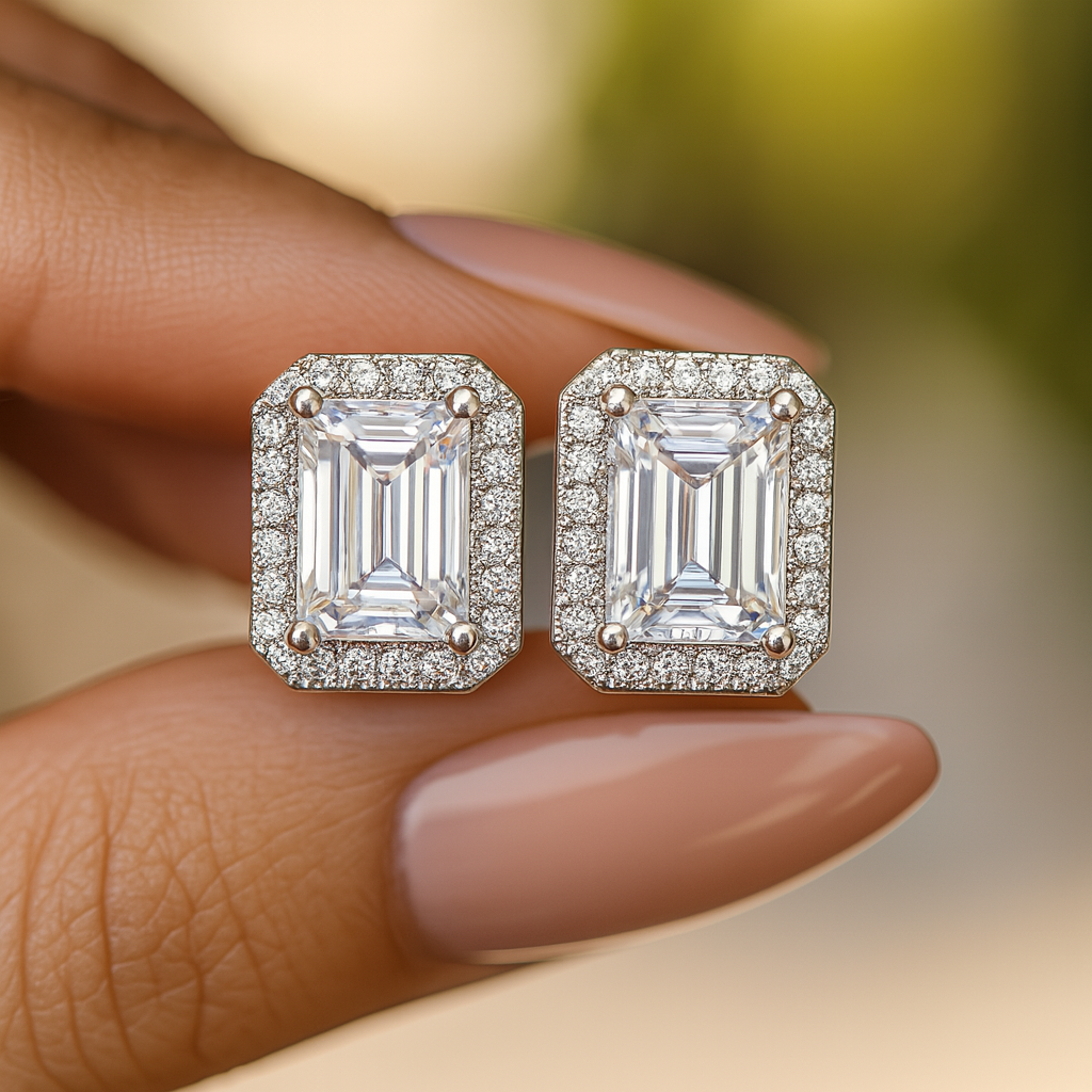 Moissanite Emerald Stud Earrings – Halo – 18K White Gold Plated