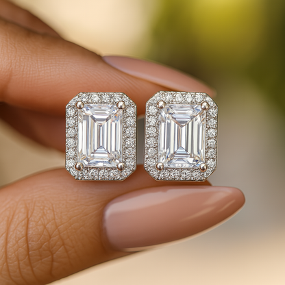Moissanite Emerald Stud Earrings – Halo – 18K White Gold Plated