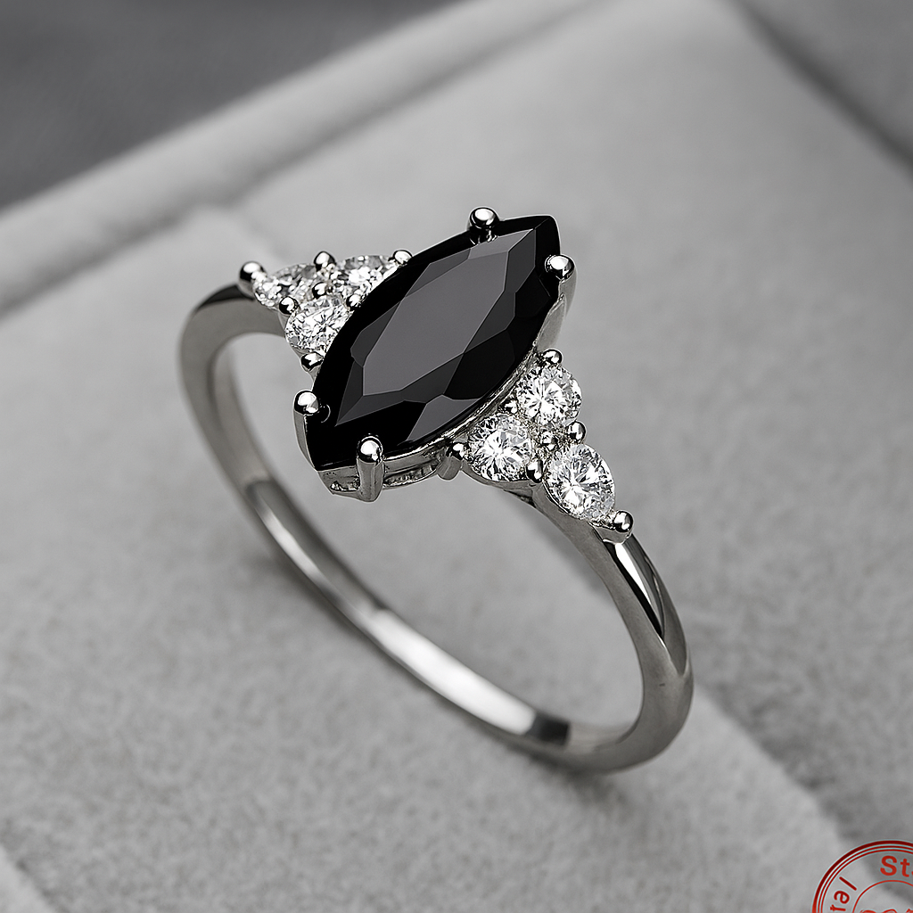 Elegant Black Agate Ring – Premium White Gold Finish, Classic Sparkle