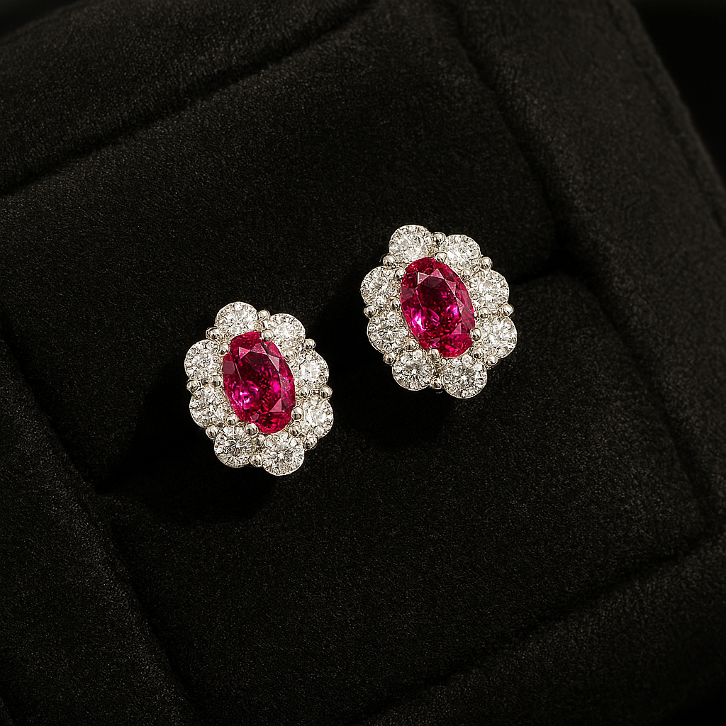 Ruby Flower Stud Earrings – White Gold – Luxury Wedding Jewelry