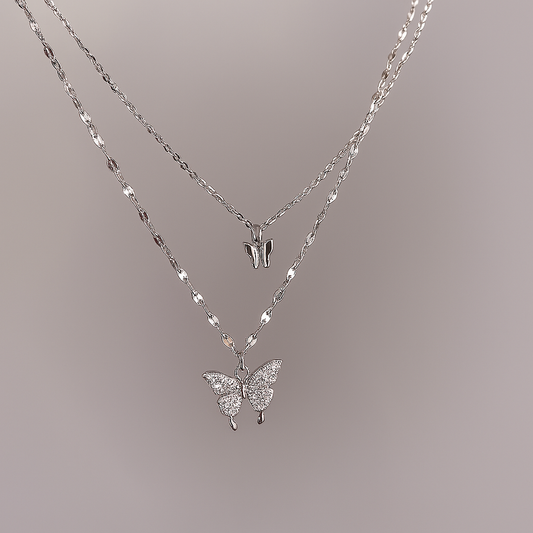 Premium White Gold Double Butterfly Necklace – Elegant & Graceful