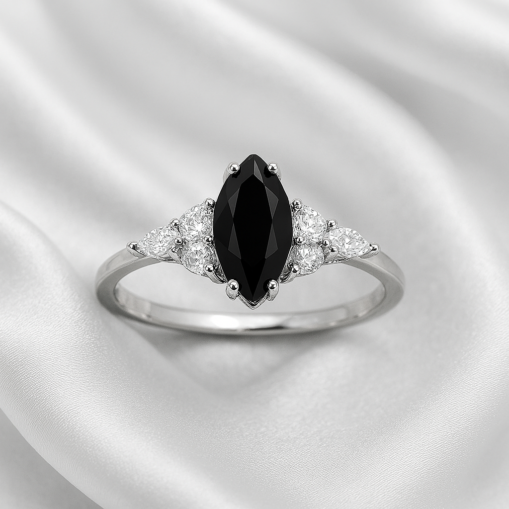 Elegant Black Agate Ring – Premium White Gold Finish, Classic Sparkle